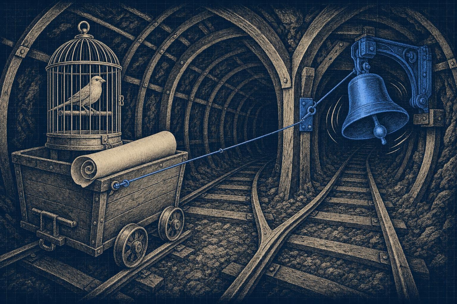 Illustration of prompt injection canary: A wide birdcage-mine tunnel: on the left a caged canary perches on a rail cart