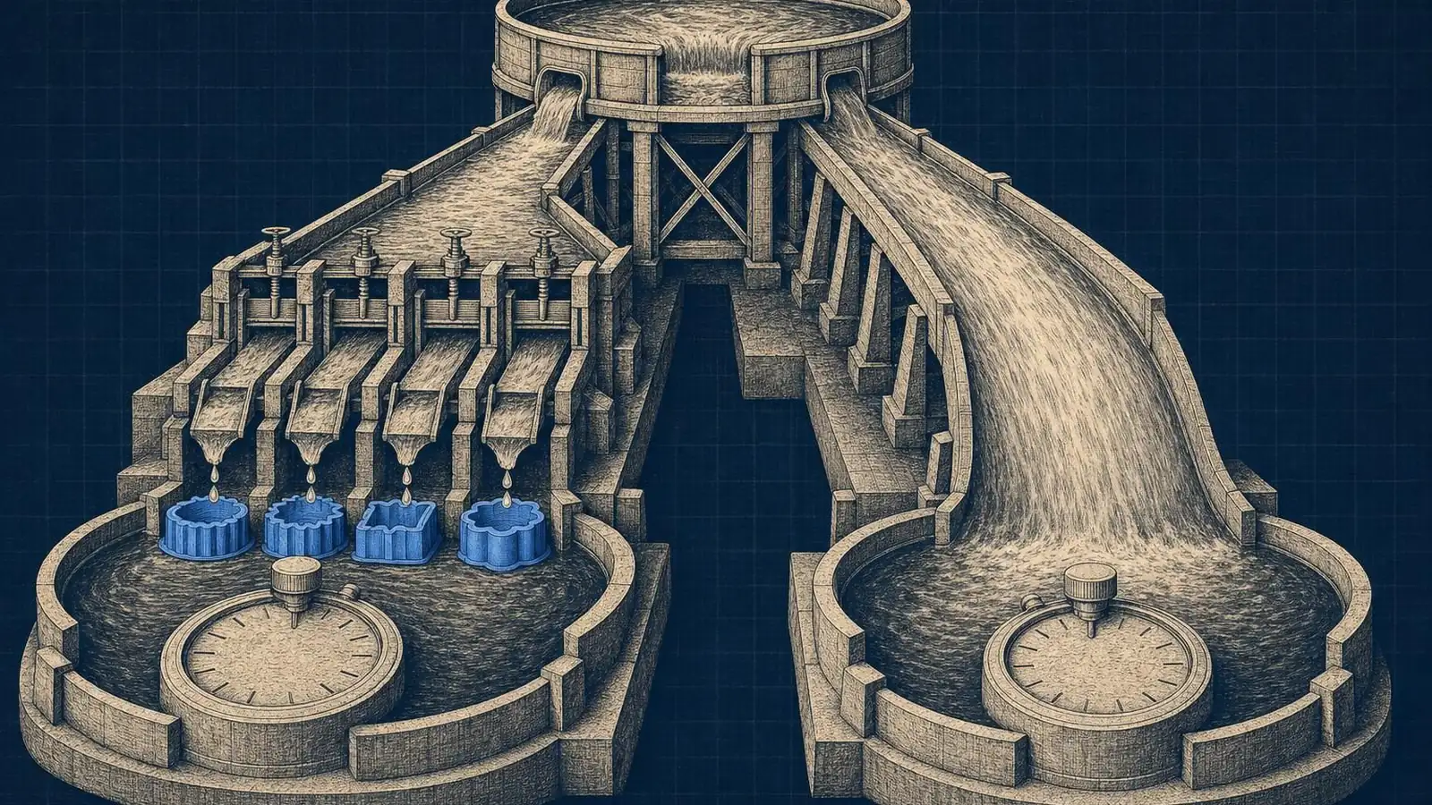 Illustration of sglang vs vllm: Two wide water flumes span the frame, each fed by the same reservoir; left flume has