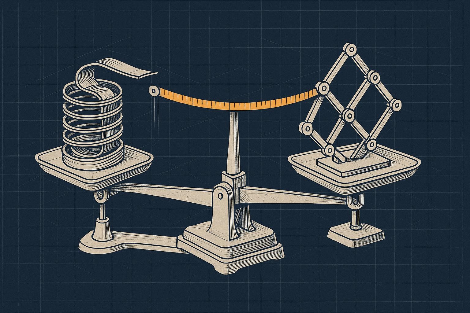 Illustration of are state space models better than transformers - A mechanical balance scale with two platforms. Left