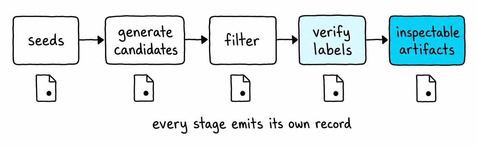 Flow diagram showing synthetic data generation from seeds through candidate generation, filtering, and label verification to inspectable artifacts