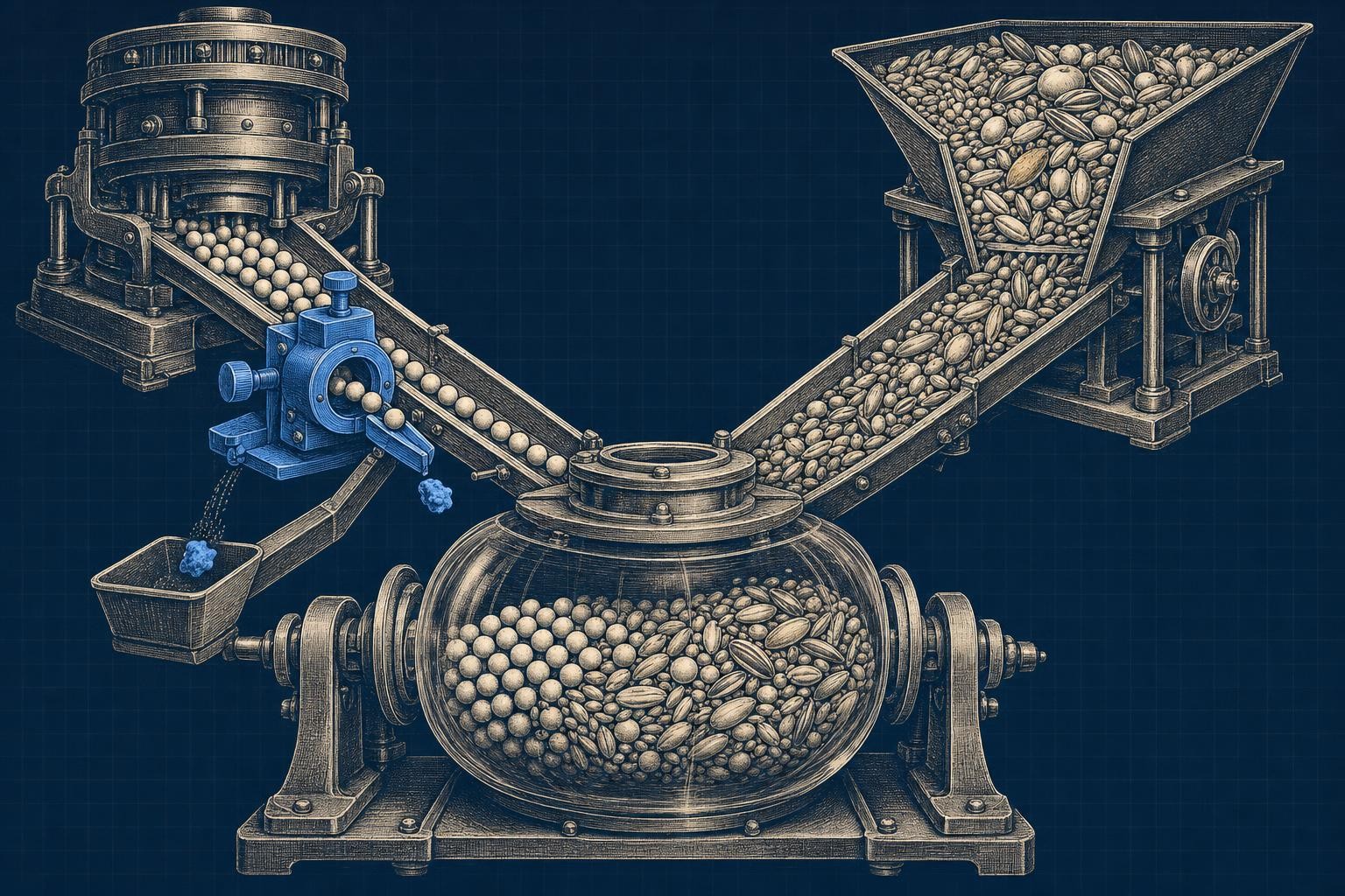 Illustration of synthetic training data for ai: A wide Y-shaped grain mill: a left mold releases uniform beads through a