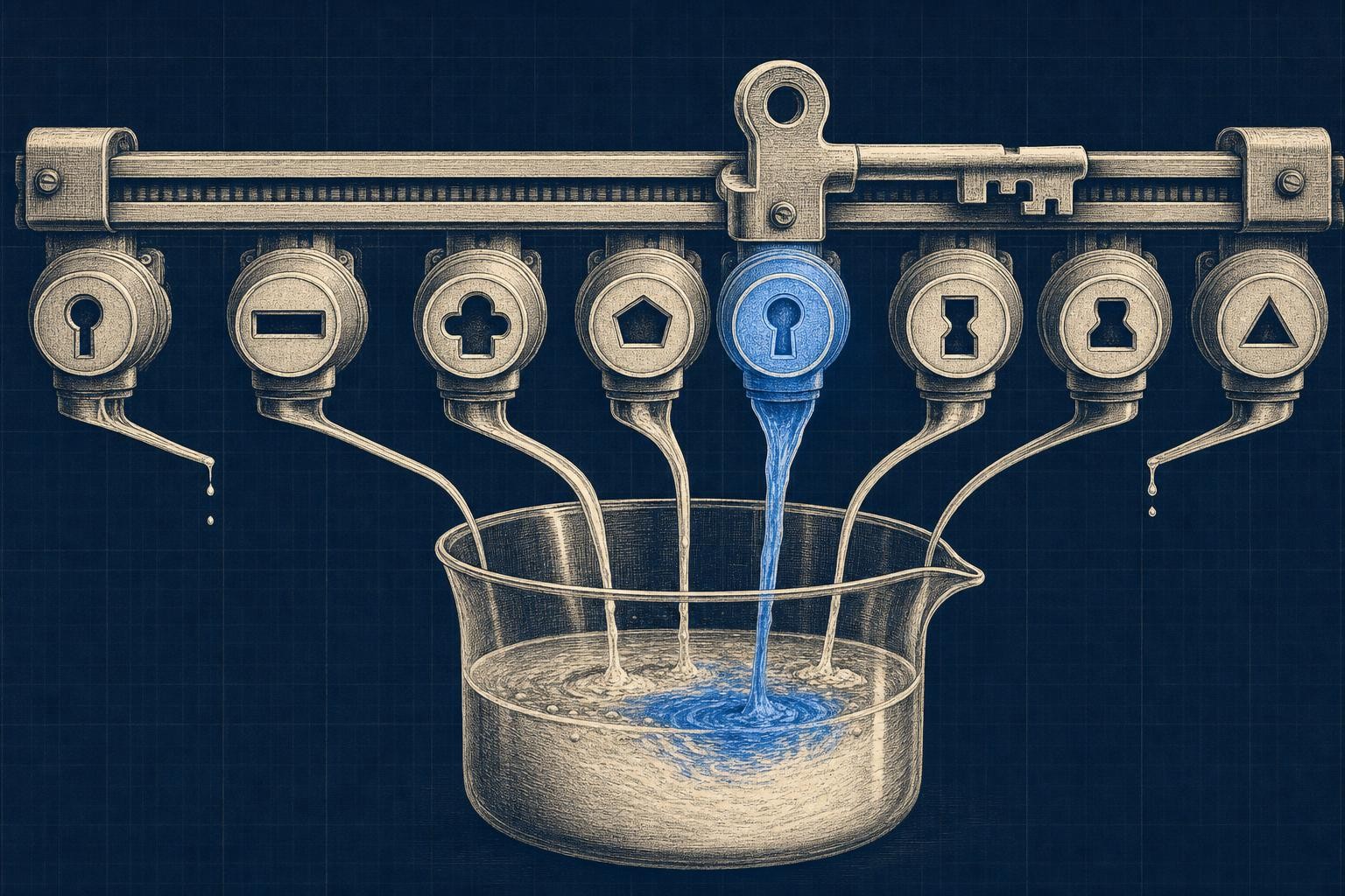 Illustration of how attention mechanism works in transformer architecture: A wide spotlight rail: one uniquely-shaped