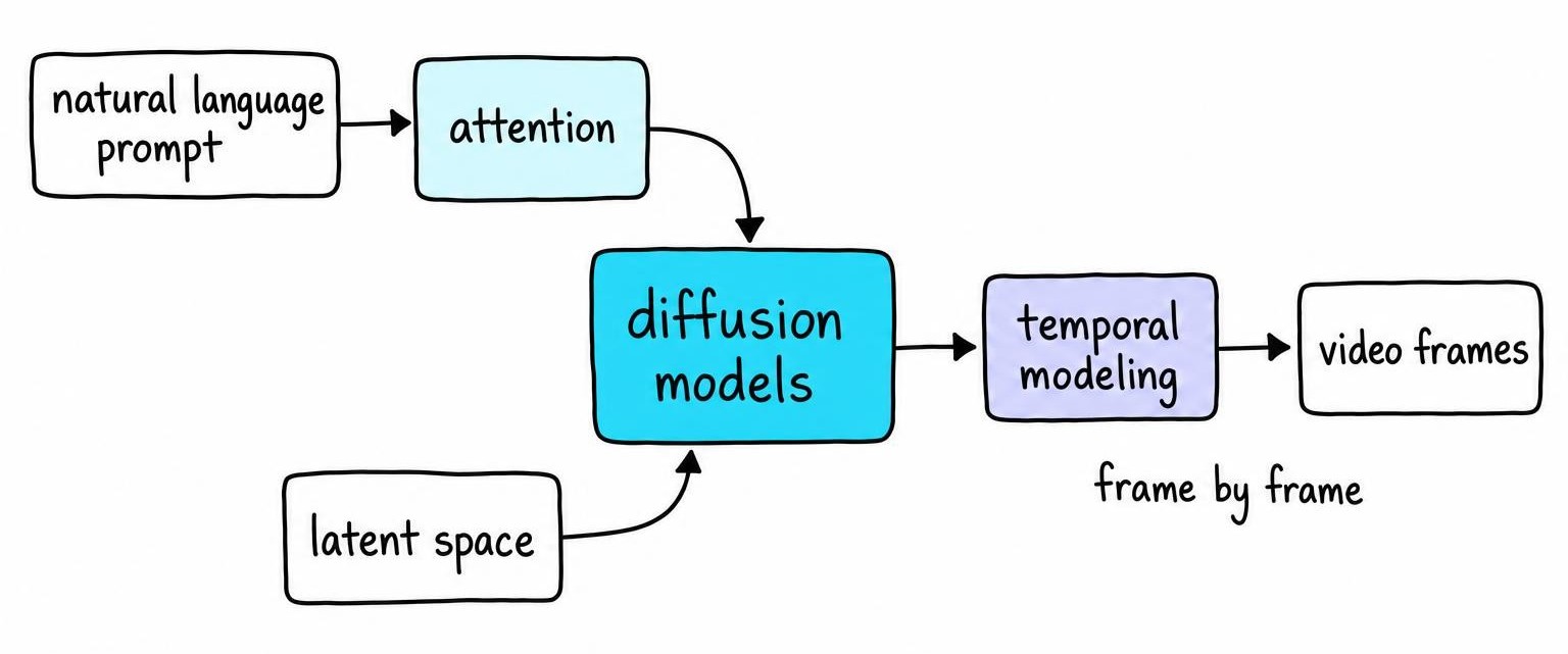 Flow diagram of text to video AI: a natural language prompt and latent space feed diffusion, then temporal modeling produces coherent video frames.