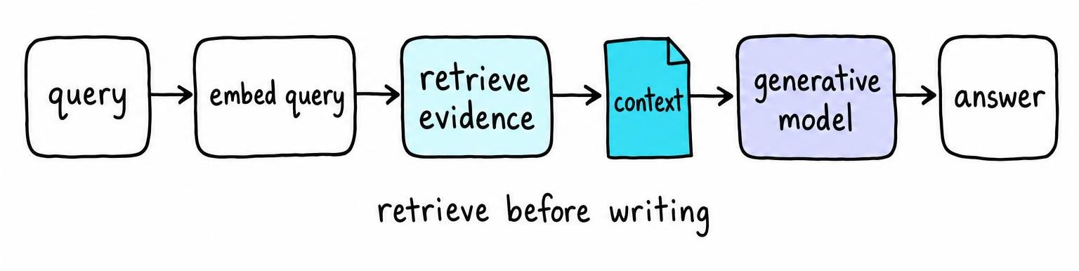Flow diagram showing a RAG query moving through embedding, evidence retrieval, context, and a generative model to produce an answer.