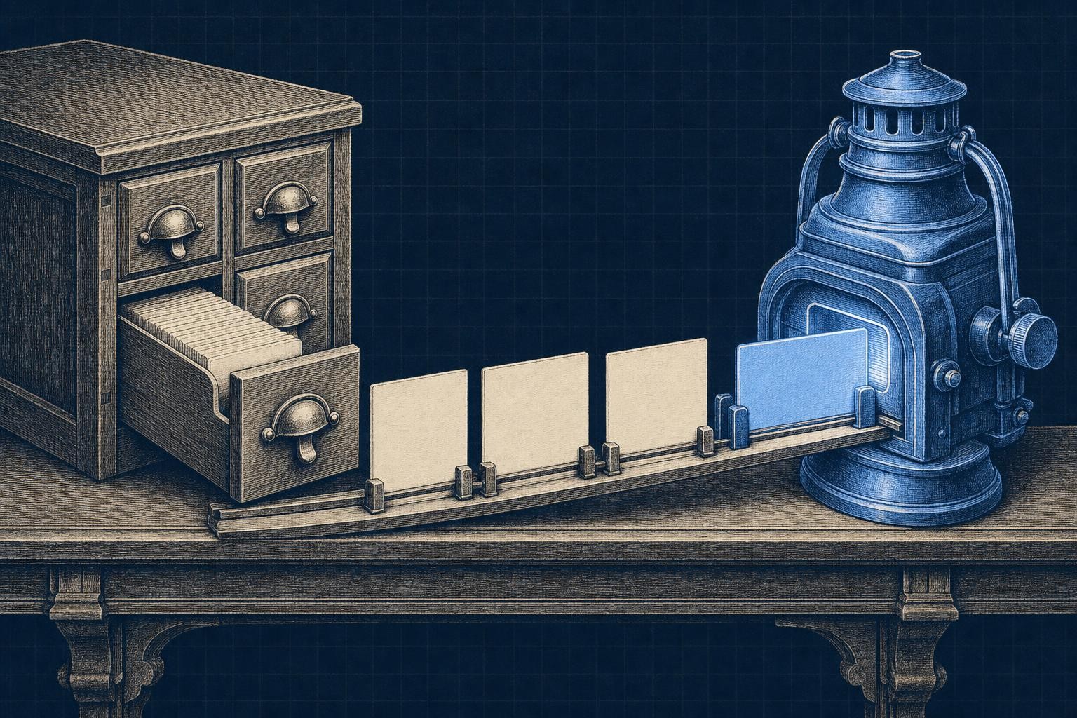 Illustration of when was retrieval augmented generation invented: A long timeline rail spanning the frame like a bookshelf