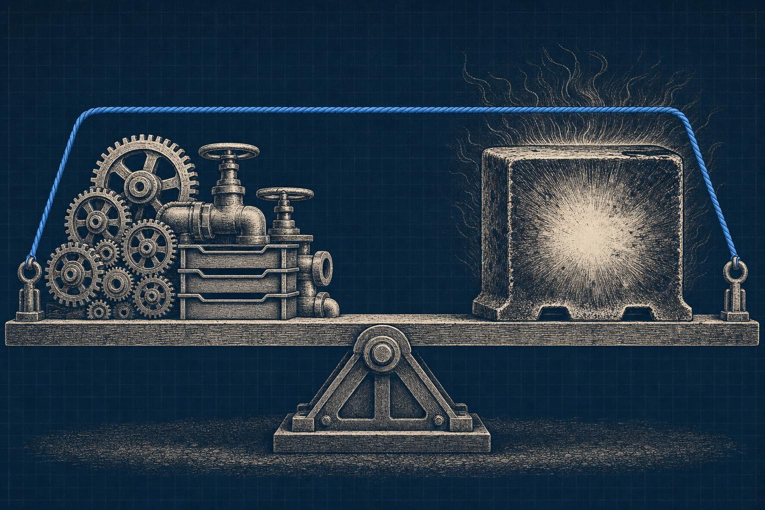 Illustration of why agentic ai needs cpu: A wide seesaw balanced on a central fulcrum: left plank stacked with small gears