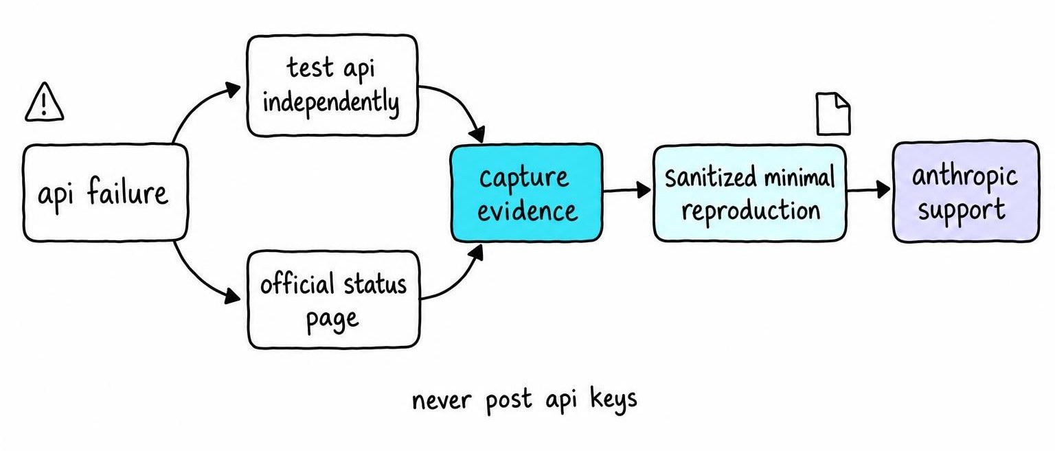 Flow diagram showing why Claude AI stops working at the API: independent testing, the official status page, then evidence collection and Anthropic support.