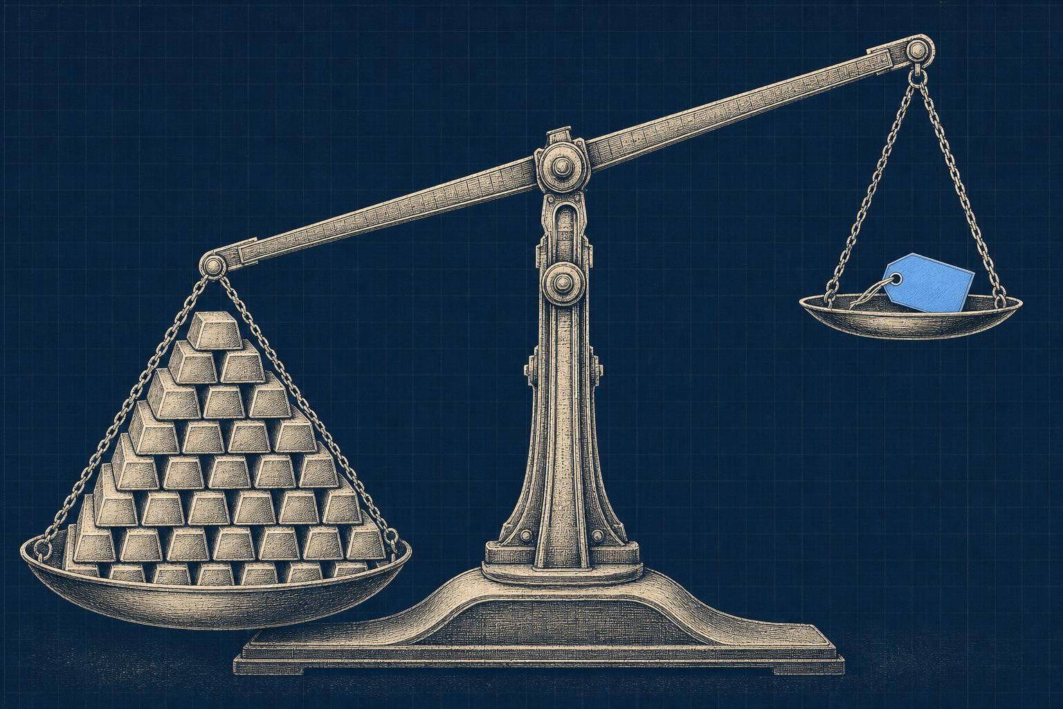 Illustration of why is deepseek so cheap: A long balance beam spans the frame: left pan holds a heavy stack of gold bars